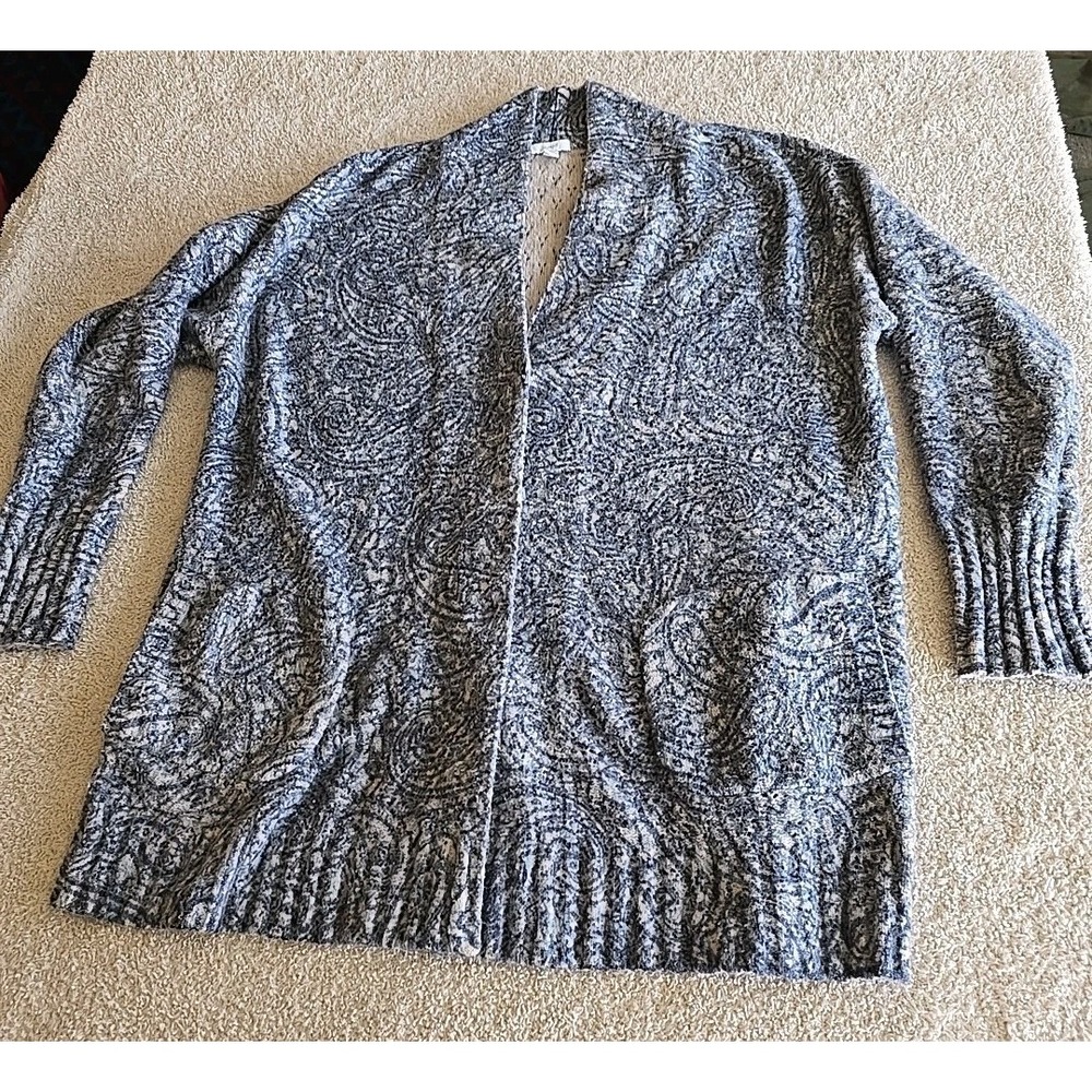 Pure Jill J Jill Cardigan Sweater Women's M Blue Paisley Snap Up Pockets Stretch
